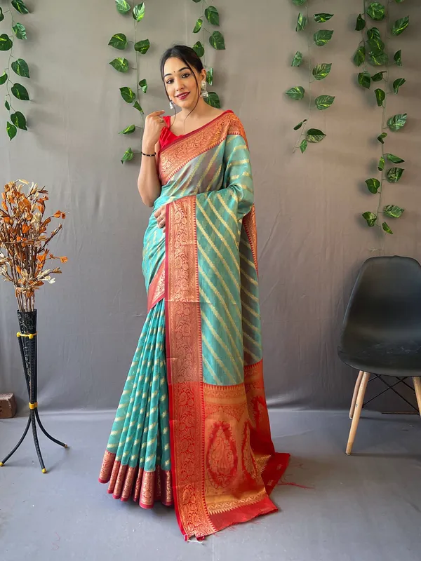 Sea_Blue_Pure_Organza_Weaved_Leheriya_Saree_With_Blouse_Piece_Attached